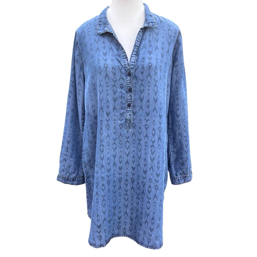 Cloth & Stone Blue Chambray Denim Ikat Print Henley Tunic Dress Womens Medium
